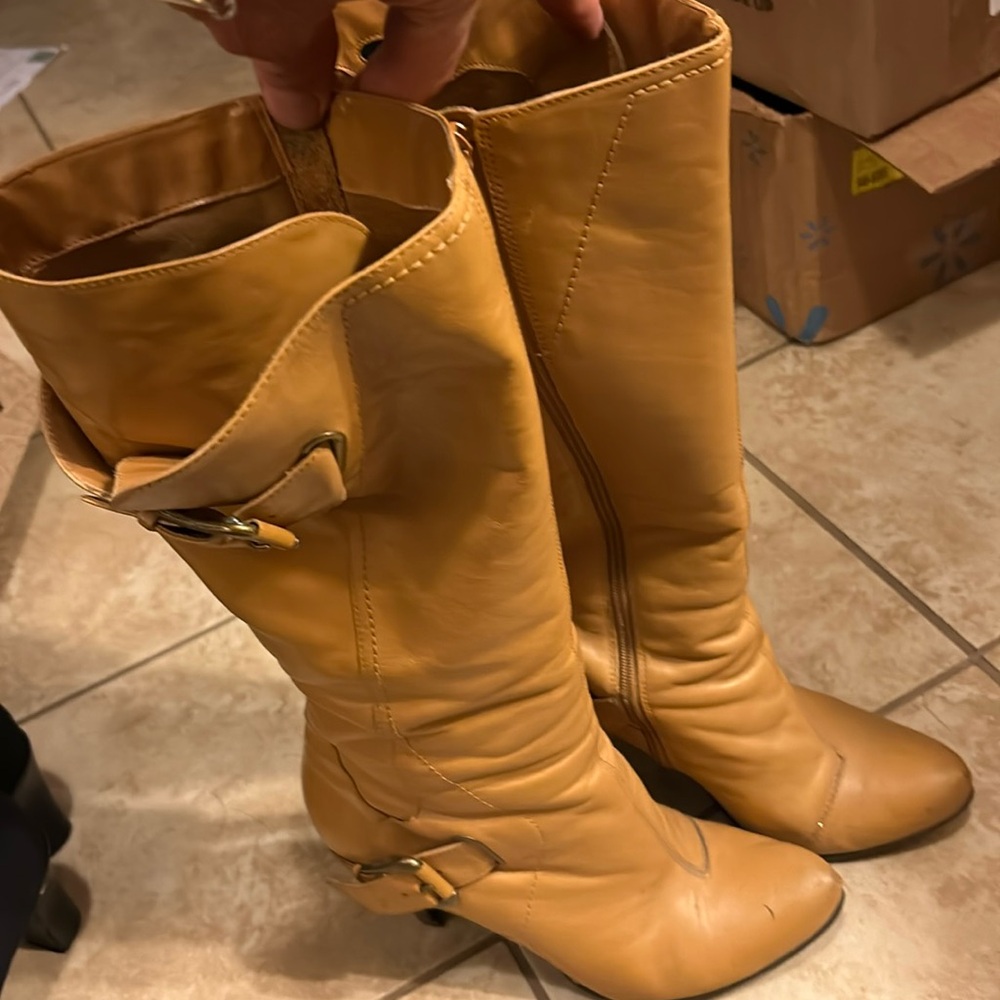 Vintage BRONX Womens Leather Knee High Slouch Boots size 10 in mustard